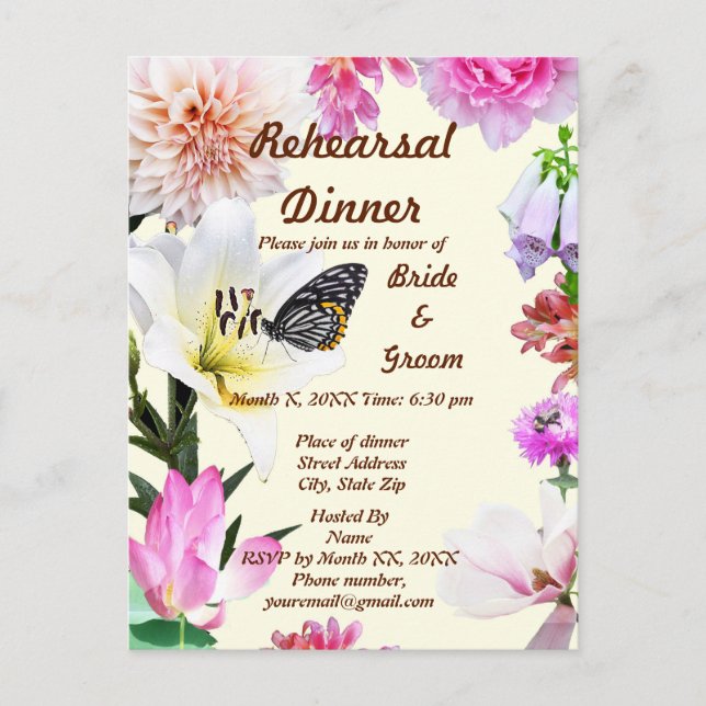 Carte de dîner de répétition Fleurs & Papillon (Devant)