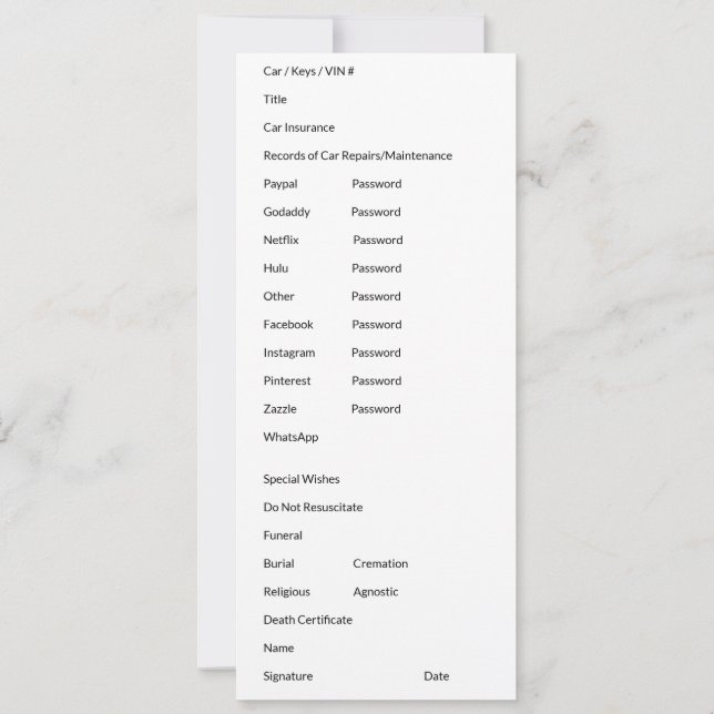 Carte de documents importants (Dos)