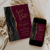 Carte de Faire-Part Chic Black Gold Agate Burgundy