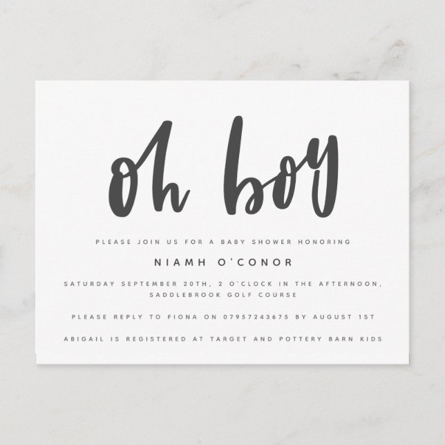 Carte de faire-part de baby shower Oh boy. (Devant)