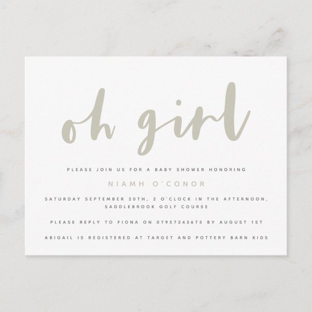 Carte de faire-part de baby shower pour fille. (Devant)