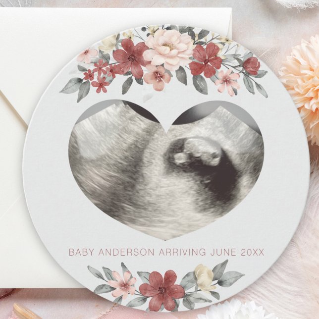 Carte de Faire-part de grossesse de l'échographie  (heart ultrasound sonogram pregnancy announcement card with watercolor floral frame. round card)