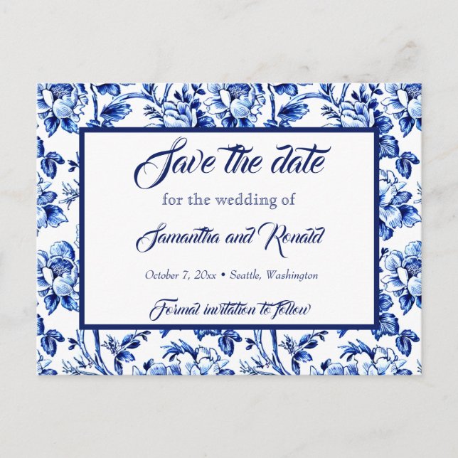 Carte de faire-part de mariage à motif floral bleu (Devant)