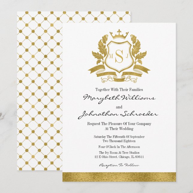 Carte de Faire-part de mariage classique Gold Cres (Devant / Derrière)