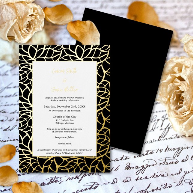 Carte de Faire-part de mariage Feuille Black Gold (Black Gold Foil Leaves Wedding Invitation Card)