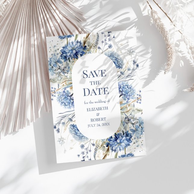 Carte de Faire-Part de Mariage Fleur d'Hydrange Bl (French Blue Garden Wildflowers Save The Dates Invitation on a sunny table with dry botanical.)