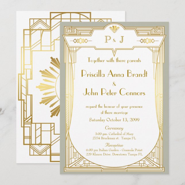 Carte de faire-part de mariage, grand Gatsby, gris (Devant / Derrière)