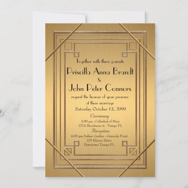 Carte de faire-part de mariage, grand Gatsby, or (Devant)