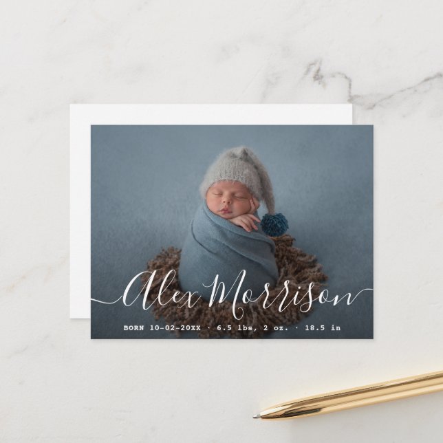 carte de faire-part de naissance de bébé en lettre (Devant/Arrière en situation)
