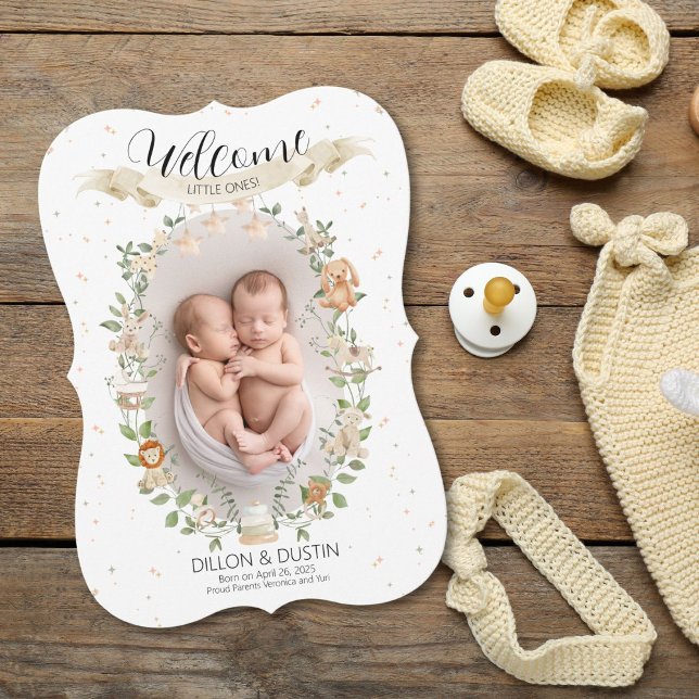 Carte de Faire-part de naissance Little One (Elegant birth announcement card with greenery, baby toys, gender-neutral design, and personalization)