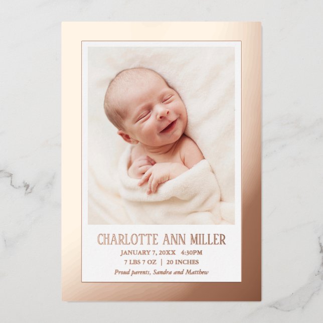 Carte de Faire-part de naissance rose Gold encadré (Recto)