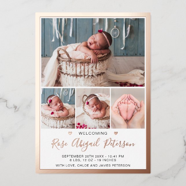 Carte de Faire-part de naissance rose Gold Foil Ba (Recto)