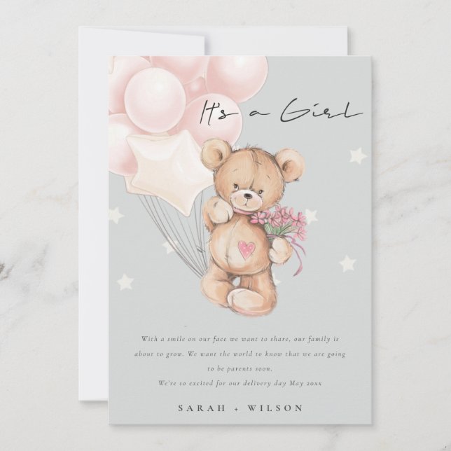 Carte de Faire-part pour bébé Gris Blush Bear Ball (Devant)