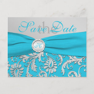 Carte de faire-part turquoise et argent à monogram