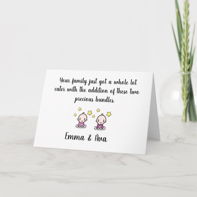 carte de félicitations pour bébés jumeaux, prénoms (Devant)