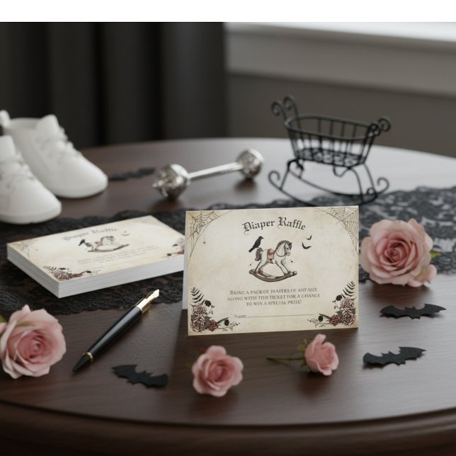 Carte de fermeture à rabat de Baby shower gothique (Elegant Gothic Halloween Girl Baby Shower Diaper Raffle Enclosure Card. Vintage Rocking Horse, Roses)