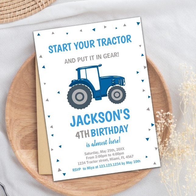Carte de fête à thème pour les garçons (Blue Tractor Birthday Invitations)