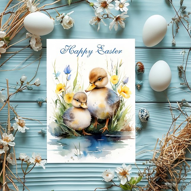 Carte de fête de Pâques Ducklings Delight : Éditio (happy easter, duckling, easter postcard, easter, blue, animals, cute easter, flowers, duck, )