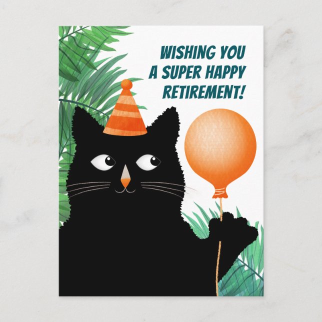 Carte de fête de retraite avec chat noir et ballon (Devant)