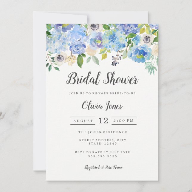 Carte de Fête des mariées Florale Bleue Moderne (Devant)