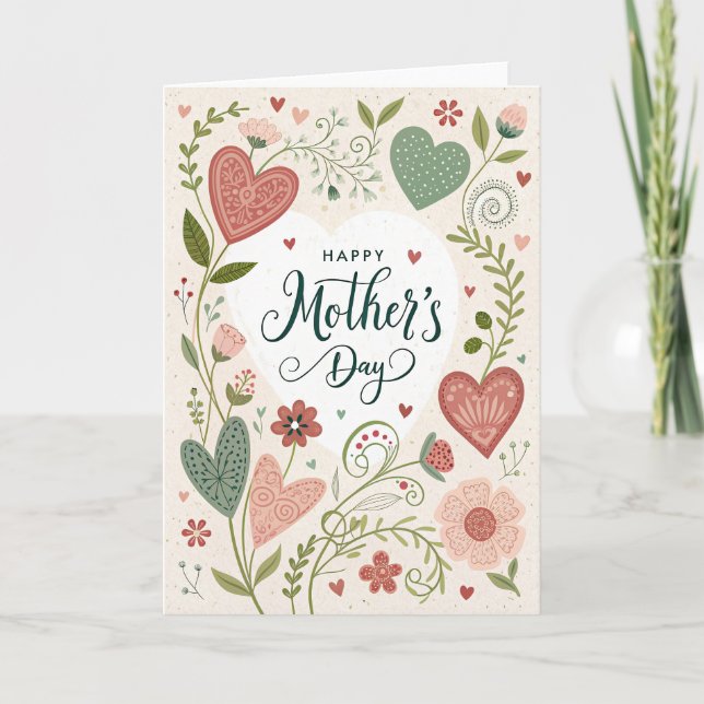 Carte de fête des mères avec le coeur blanc et ver (Devant)