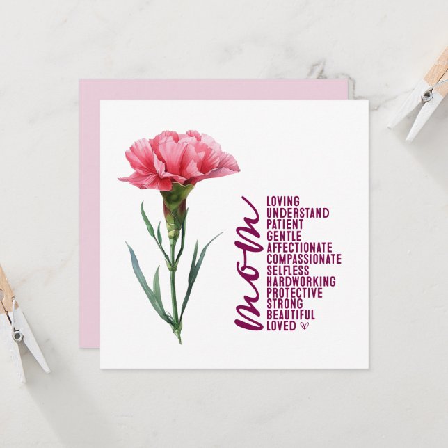 Carte de fête des mères avec oeillet rose (Devant/Arrière en situation)