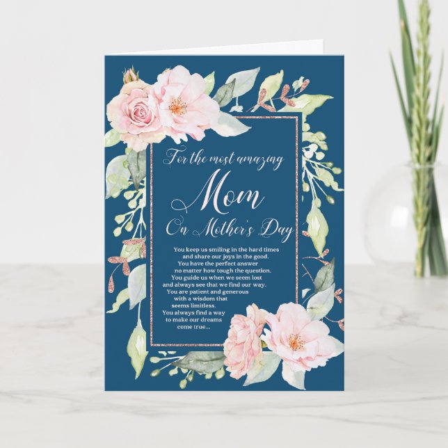 Carte de fête des mères bleu marine rose Fleurs (Devant)