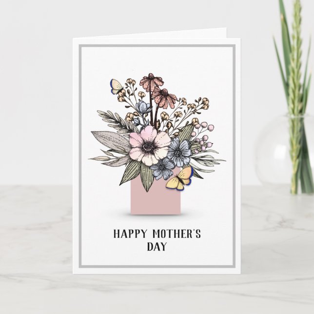 Carte de fête des mères de vase florale tirée à l' (Devant)