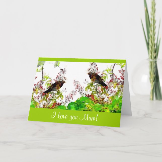 Carte de fête des mères des oiseaux noirs et des r (Devant)