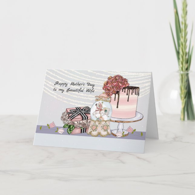 Carte de fête des mères pour femme avec gâteau et  (Devant)