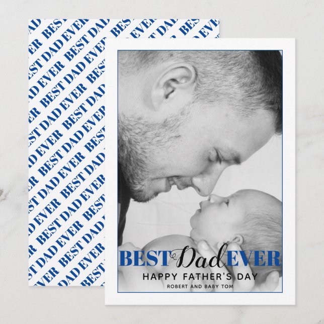 Carte de Fête des pères Blue Best Papa Jamais typo (Devant / Derrière)