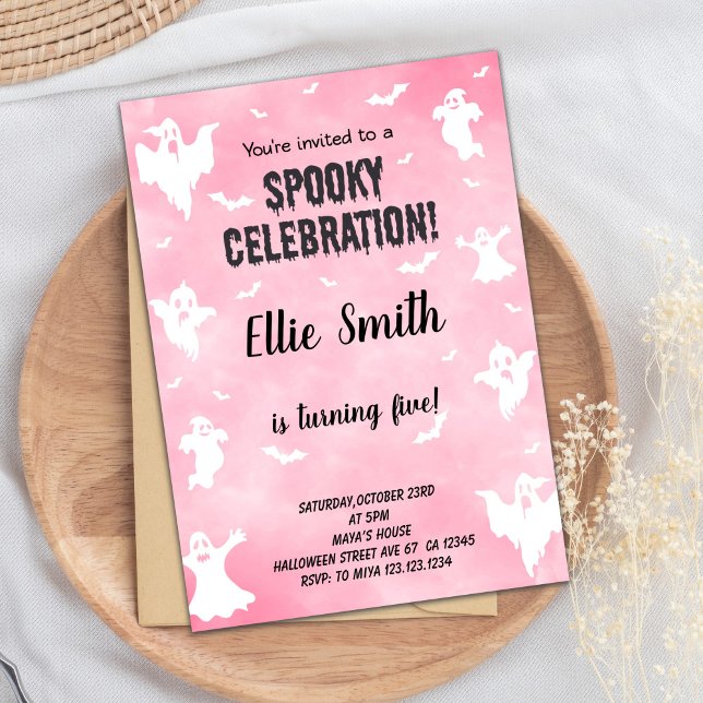 Carte de fête Éffrayante pour filles ou enfants (Pink Halloween Birthday Invitations)