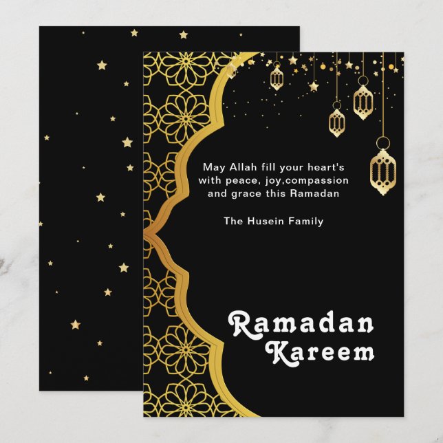 Carte de fête élégante Ramadan Kareem noir et or (Devant / Derrière)