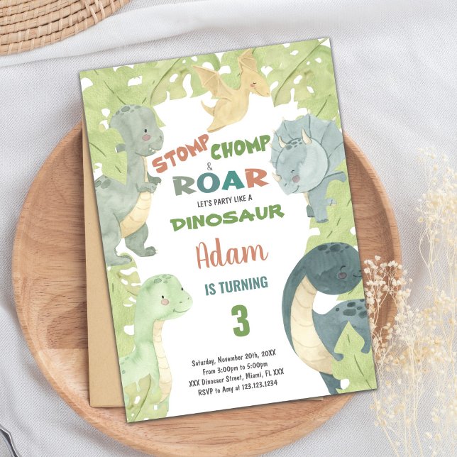 Carte de fête pour enfants avec thème T-Rex & Jung (Green Dinosaur Invitations)