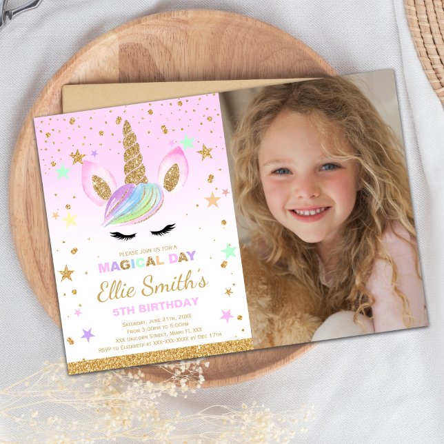 Carte de fête pour enfants magique modifiable (Glitter Golden Unicorn Invitations with photo)