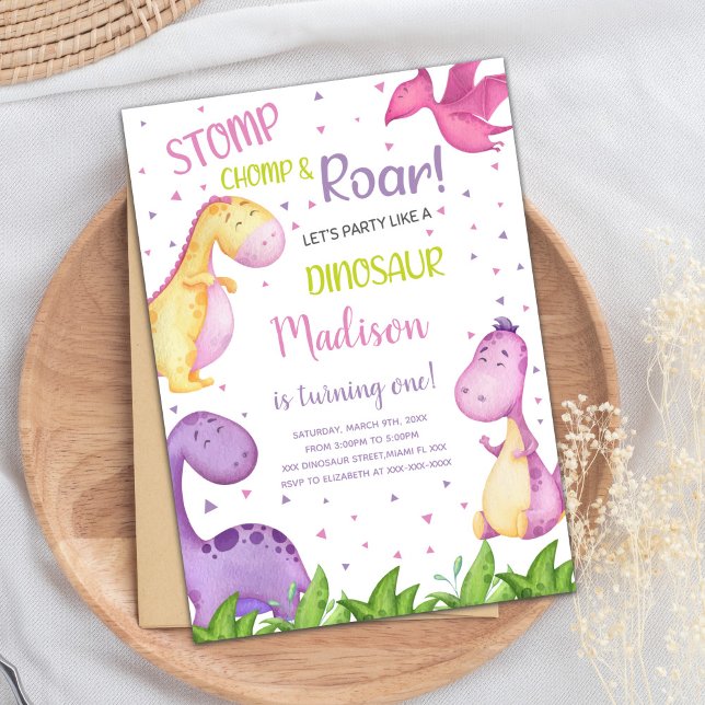 Carte de fête Roarsome mignonne pour filles (Purple Dinosaur Birthday Invitations)