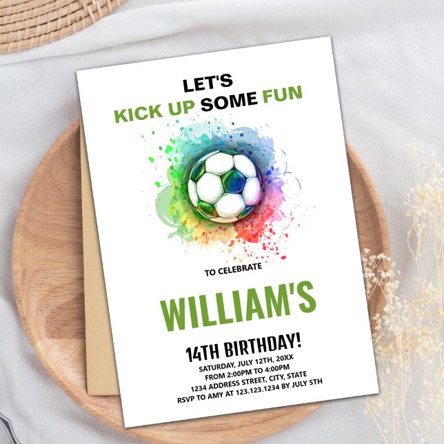 Carte de fête sportive pour garçons avec balle et  (Watercolor Soccer Birthday Invitations)