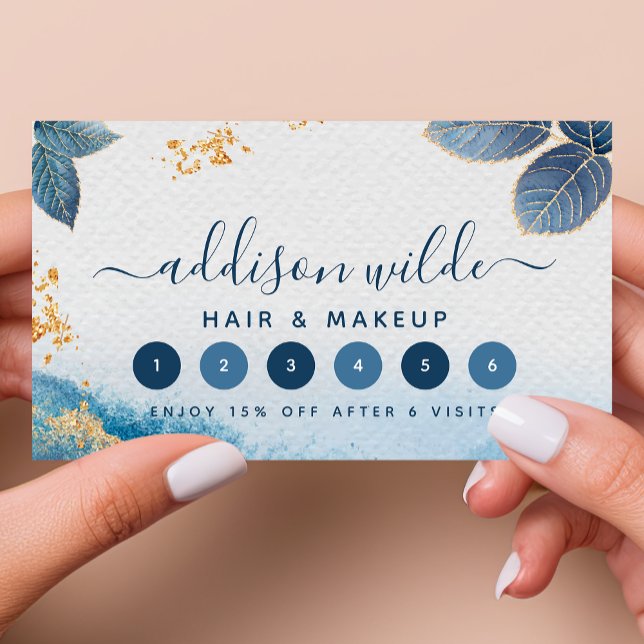 Carte De Fidélité Aquarelle bleu or Feuilles botaniques Abstrait (Créateur téléchargé)