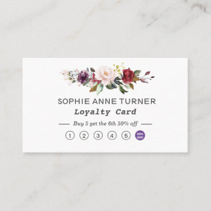 Carte De Fidélité Aquarelle Bourgogne rose Fleurs Professionnel