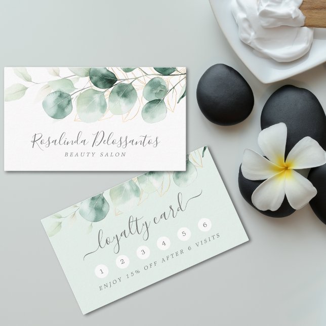 Carte De Fidélité Aquarelle Eucalyptus Vert Or Floral (Watercolor Eucalyptus Greenery Floral Gold Loyalty Card)