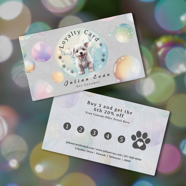 Carte De Fidélité Aquarelle mignon Bubble Suds Chien Groomer (Créateur téléchargé)