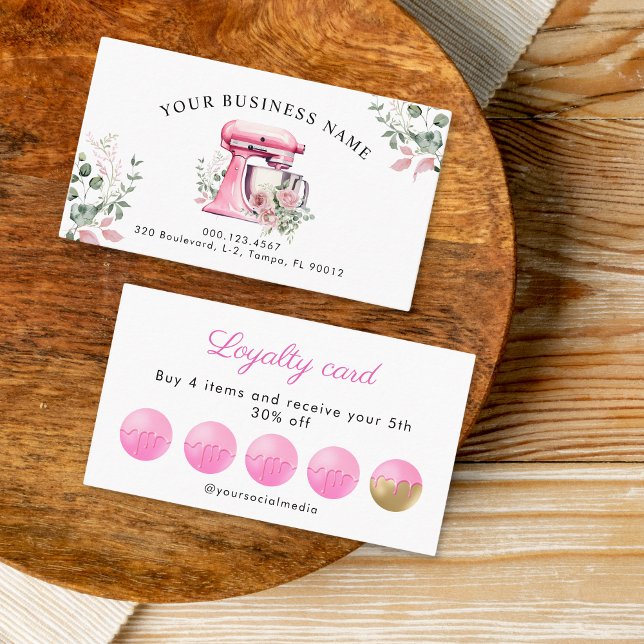 Carte De Fidélité Aquarelle Pink Floral Mixer Boulangerie (Créateur téléchargé)