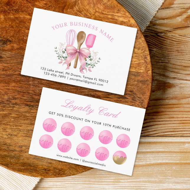 Carte De Fidélité Aquarelle Pink Ustensiles boulangerie (Créateur téléchargé)