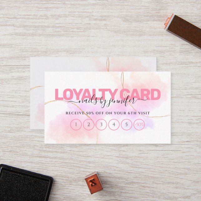 Carte De Fidélité Aquarelle rose or chic clous salon de beauté (Devant/Arrière en situation)