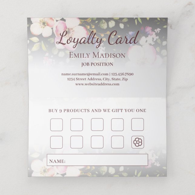 Carte De Fidélité Aquarelle rose Roses jaunes sur noir, Monogramme (Intérieur déplié)