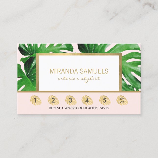 Carte De Fidélité Aquarelle Tropical Monstera Feuille Loyauté rose (Devant)