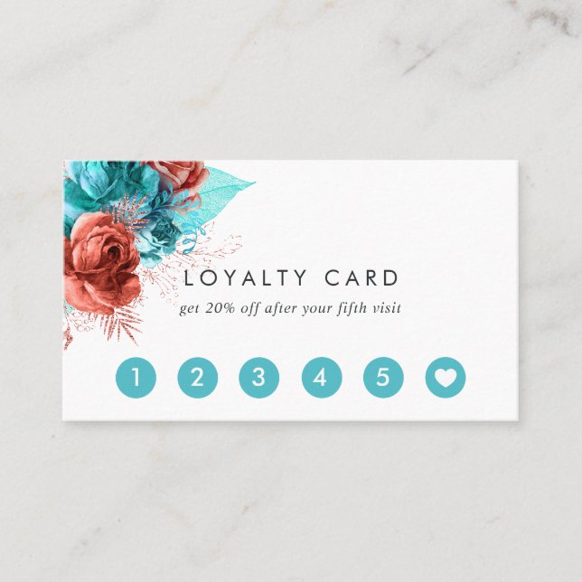 Carte De Fidélité Aquarelle turquoise et corail Floral (Devant)