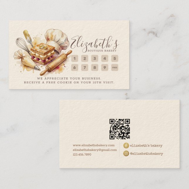 Carte De Fidélité Bakery Pastry Chef Watercolor Gold Baking Catering (Devant / Derrière)