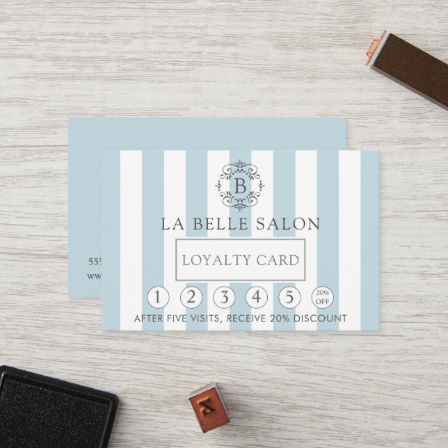 Carte De Fidélité Bleu Français Rayures d'Awning et Loyauté Monogram (Devant/Arrière en situation)