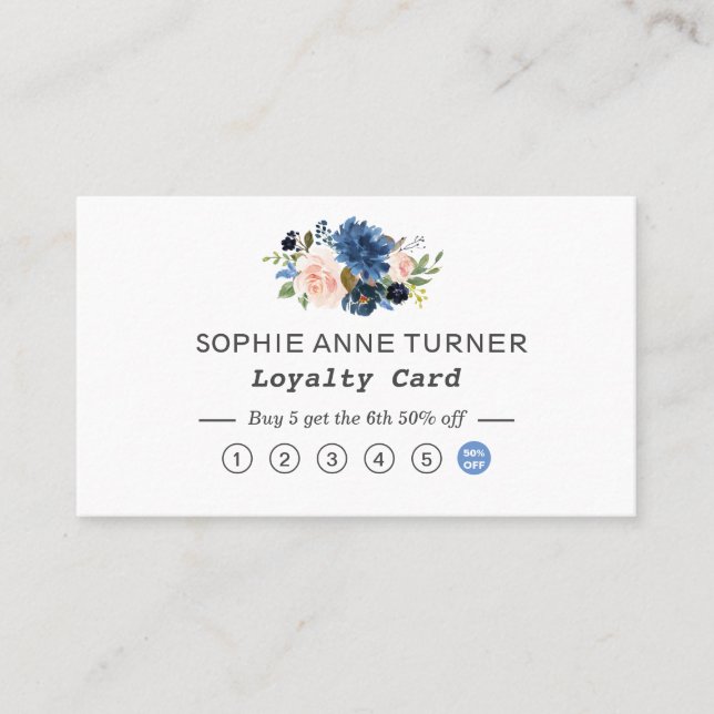 Carte De Fidélité Chic Aquarelle Bleu Fleurs Professionnelles (Devant)